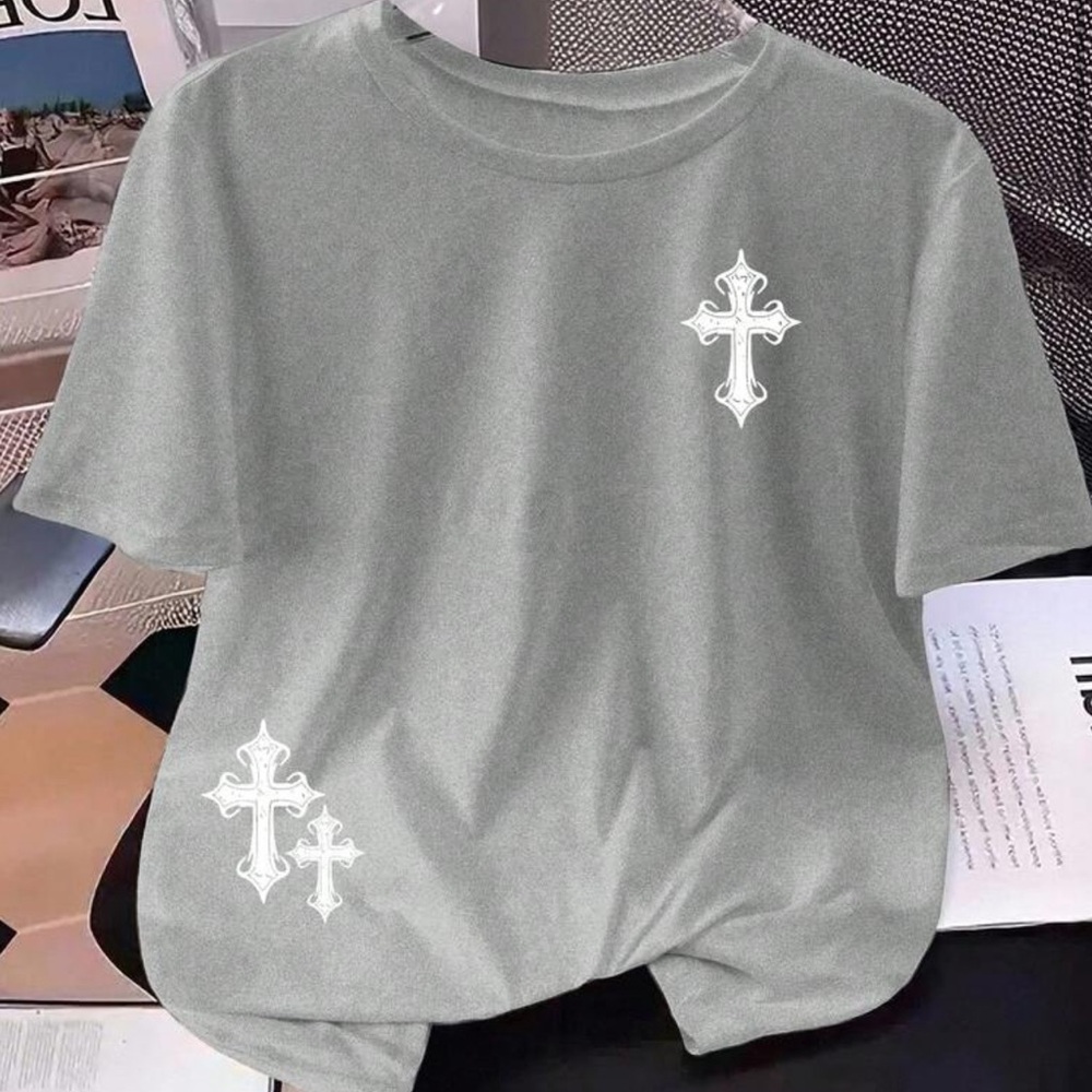 SHEIN Gray Short Sleeve Tee with White Cross Graphics
